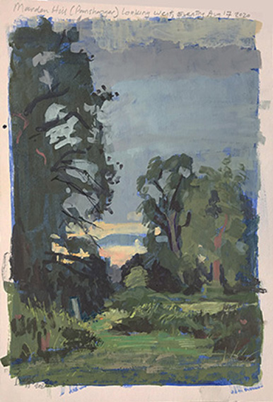 Marden Hill, sketch at dusk. Watercolour-gouache on A4 board