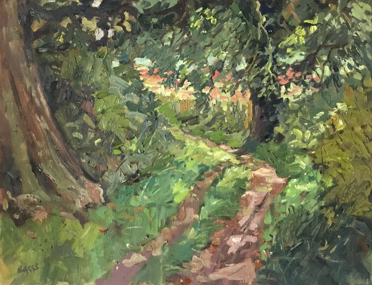 Footpath with ash tree, oil on canvas 14x18"