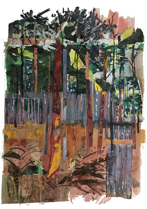 Sunset in the Pines, mixed media collage