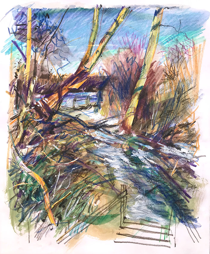 Bush End ice and snow, mixed media sketchbook drawing