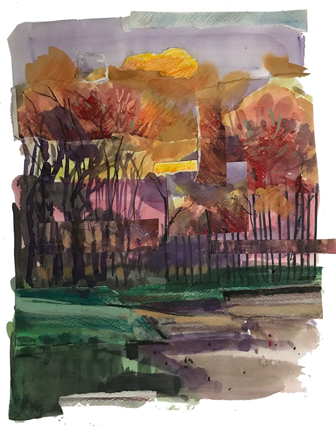 Sunset in treetops, Mixed media sketchbook collage