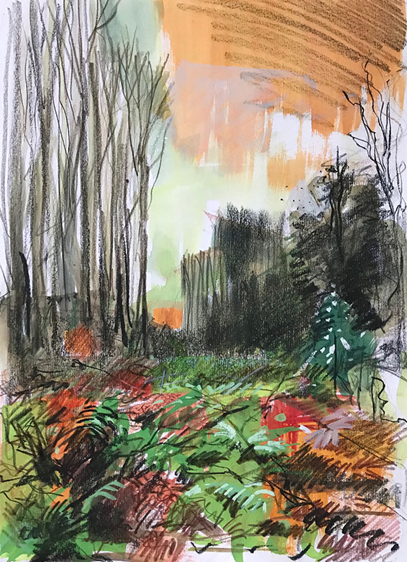 Wet afternoon, mixed media sketchbook drawing