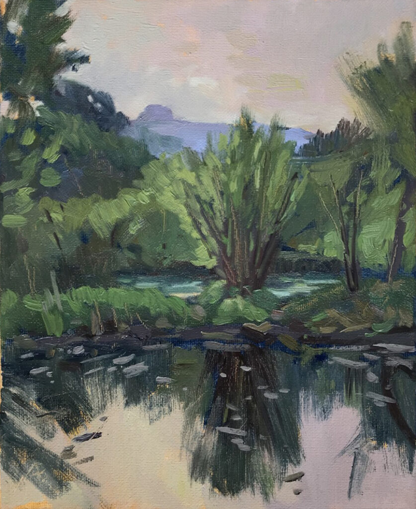 Spring morning on the ponds oil, 10 x 8 plein air oil painting