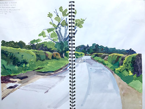Bramfield Holly Grove road, Acrylic sketch, sun diffused by thin cloud